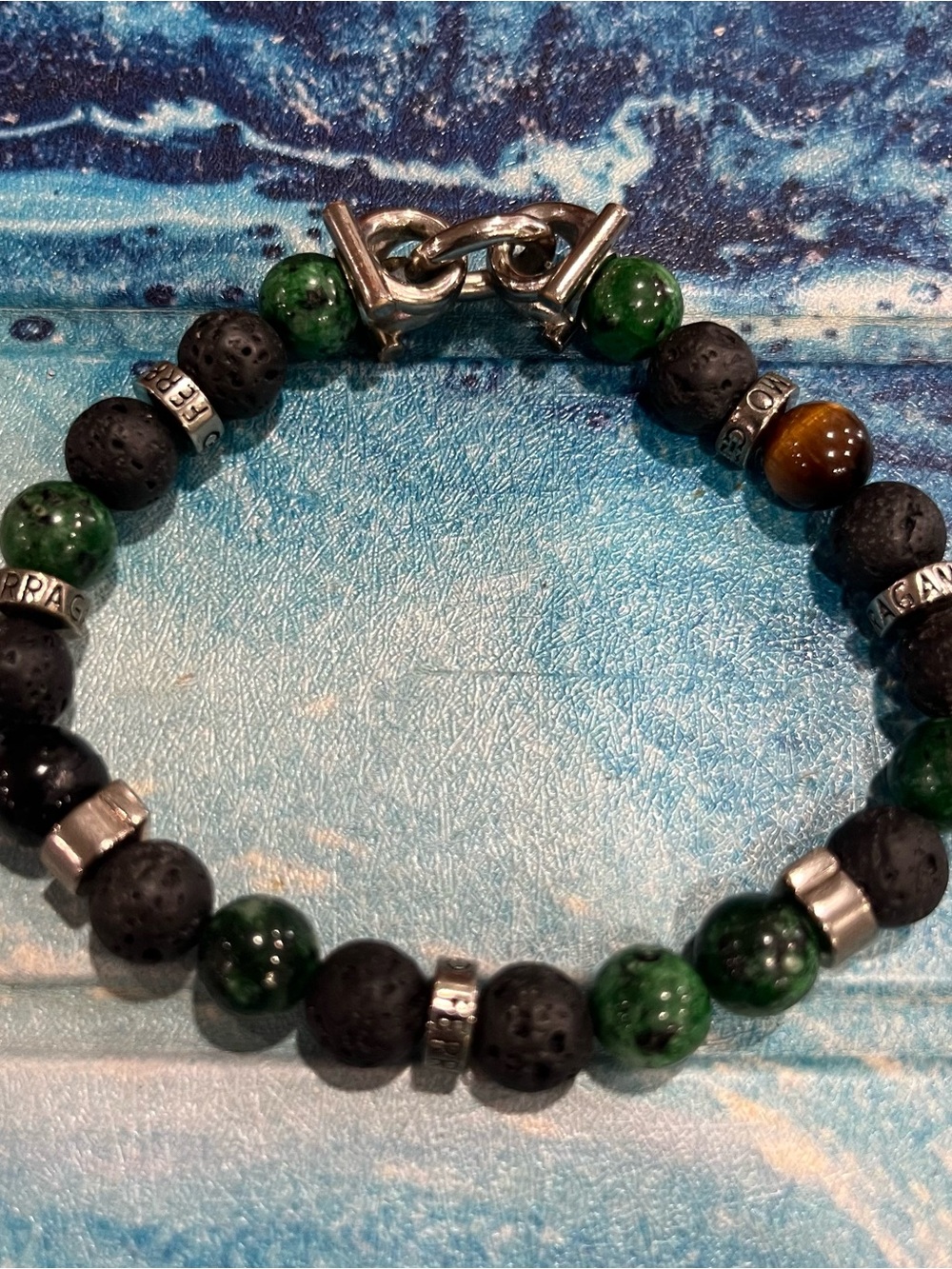 Salvatore Ferragamo Gancini Lava Rock Tiger Eye Stone Beaded Stretch Bracelet